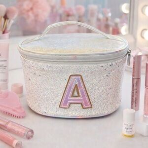 Girl’s Justice Monogram Letter A Sparkle Patent Carry Cosmetic Case